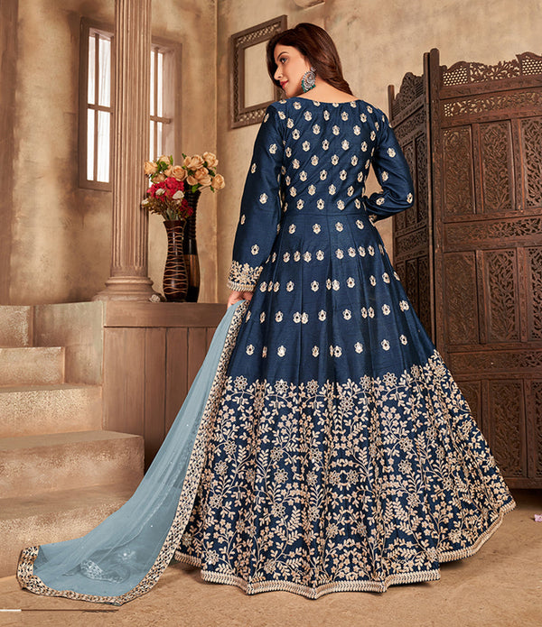 Women's Embroidered Royal Blue Floor Length Designer Suit - Monjolika