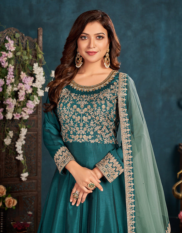 Women's Dark Teal Wedding Floor Length Designer Suit - Monjolika