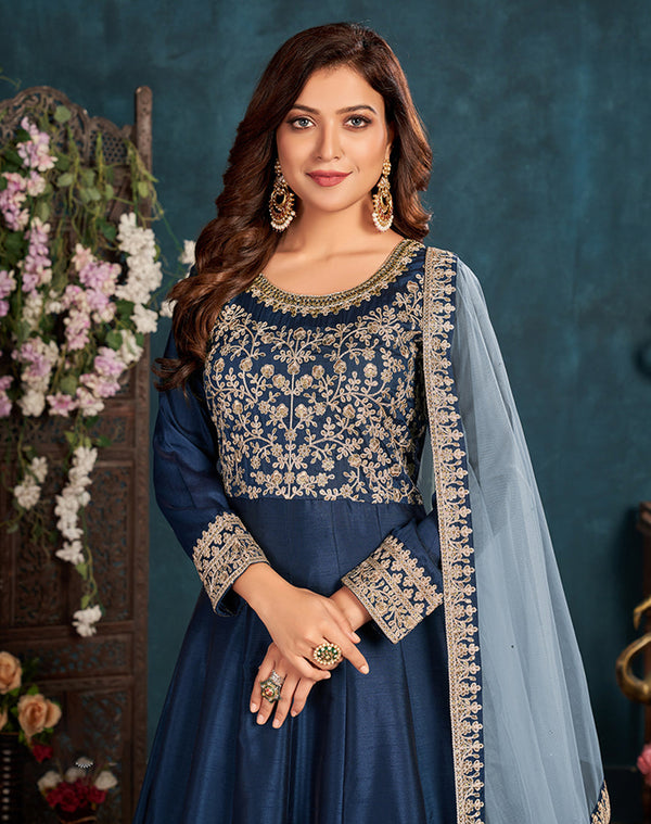 Women's Royal Blue Wedding Floor Length Designer Suit - Monjolika