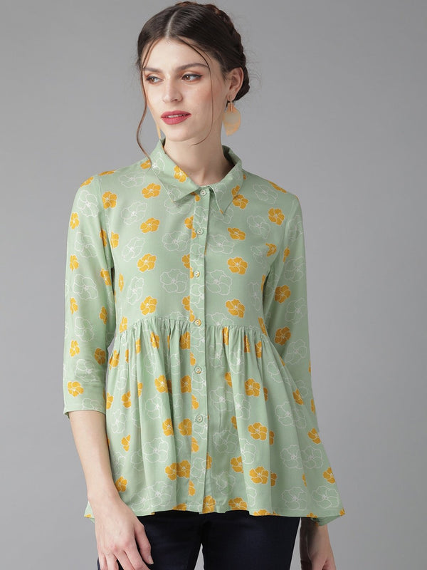 Women's  Green & Mustard Yellow Floral Printed Tunic - AKS