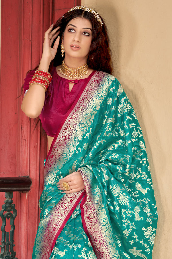 Women's Organza Silk Light Teal Colour Trendy Saree - Monjolika