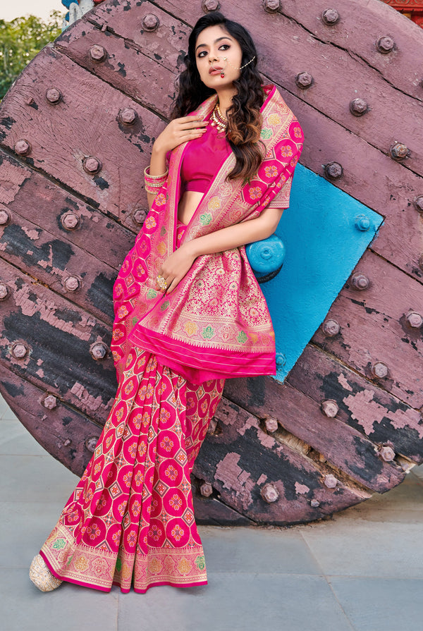 Women's Hot Pink Weaving Banarasi Silk Designer Traditional Saree - Monjolika