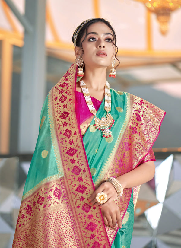 Women's Sea Green Colour Organza Silk Designer Traditional Saree - Monjolika