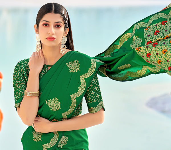 Women's Dark Green Banarasi Silk Festival Traditional Designer Saree - Monjolika