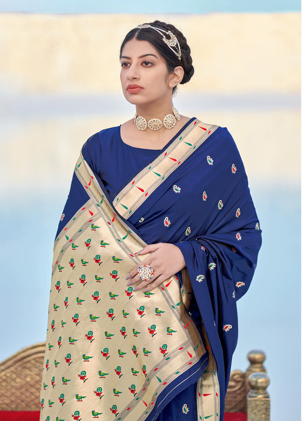 Women's Navy Blue Banarasi Soft Silk Weaving Traditional Designer Saree - Monjolika