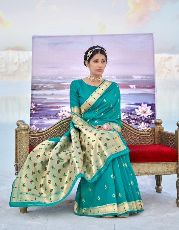 Women's Teal Banarasi Soft Silk Weaving Traditional Designer Saree - Monjolika