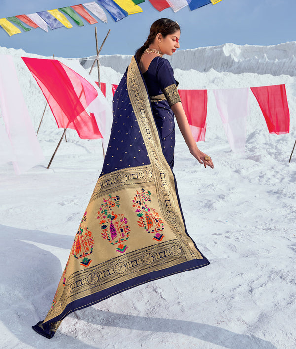 Women's Navy Blue Alluring Wedding Look Saree In Banarasi Silk - Monjolika