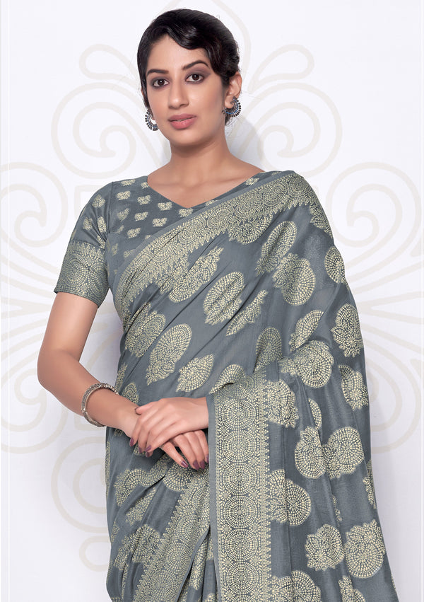 Women's Lakhnavi work Grey Cotton Silk Casual Saree - Monjolika