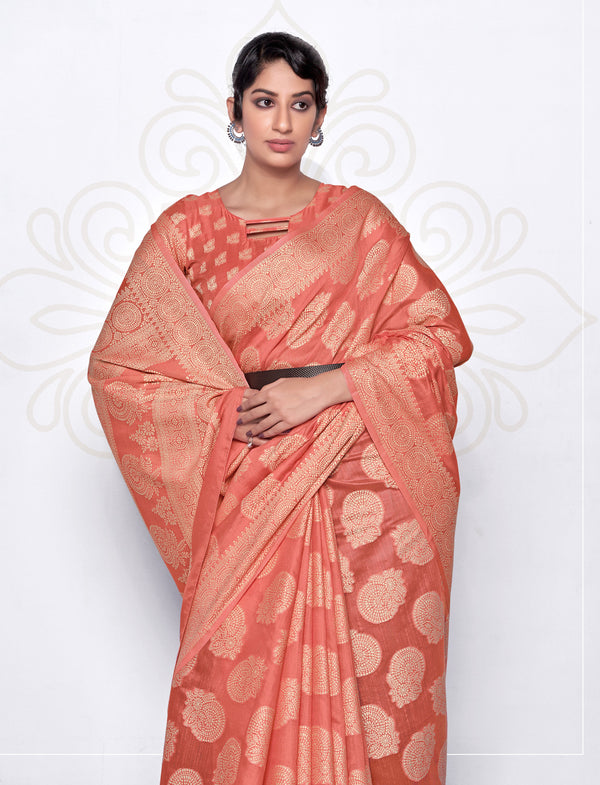 Women's Lakhnavi work Light Peach Cotton Silk Casual Saree - Monjolika