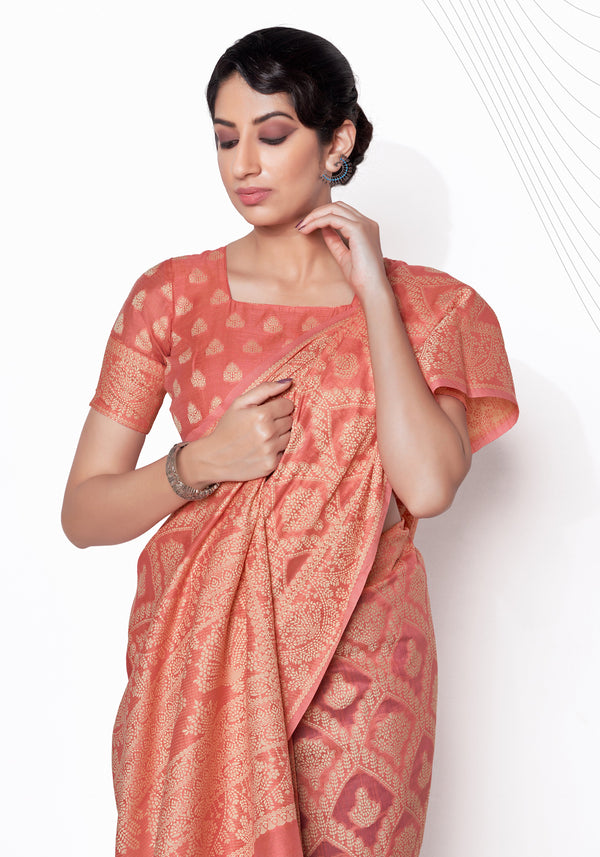 Women's Lakhnavi work Light Peach Cotton Silk Casual Saree - Monjolika