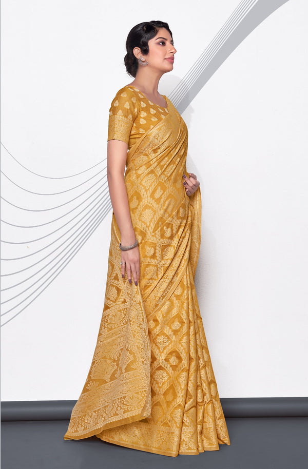 Women's Lakhnavi work Yellow Cotton Silk Casual Saree - Monjolika