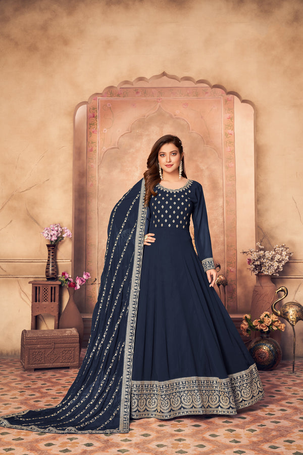 Women's Blue Faux Georgette Festival Floor Length Designer Suit - Monjolika