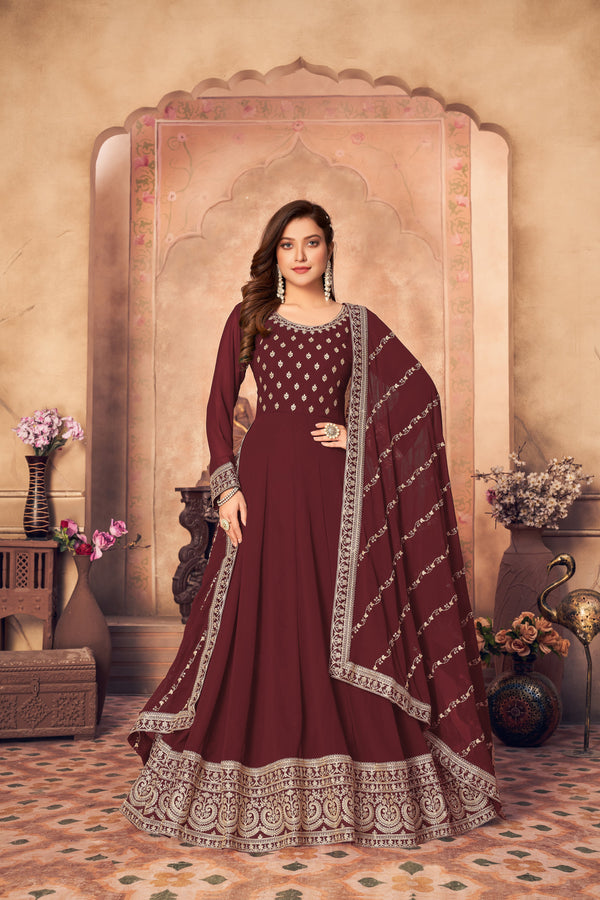 Women's Maroon Faux Georgette Festival Floor Length Designer Suit - Monjolika