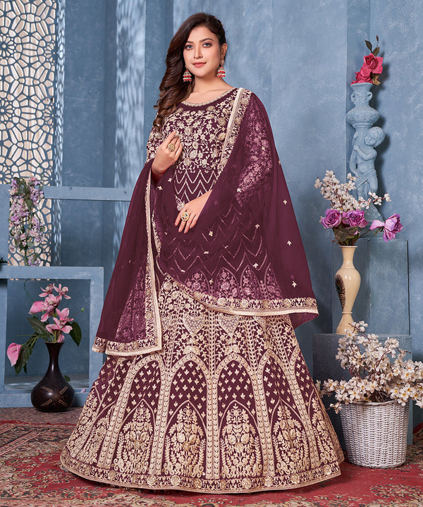 Women's Wine Net Designer Floor Length Anarkali Suit - Monjolika