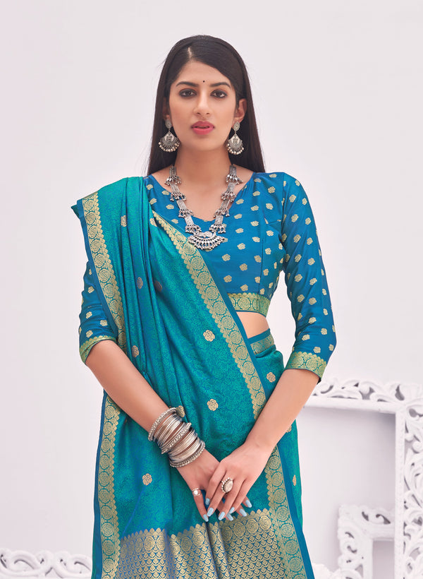 Women's Stunning Sky Blue Color Party Wear Silk Saree - Monjolika