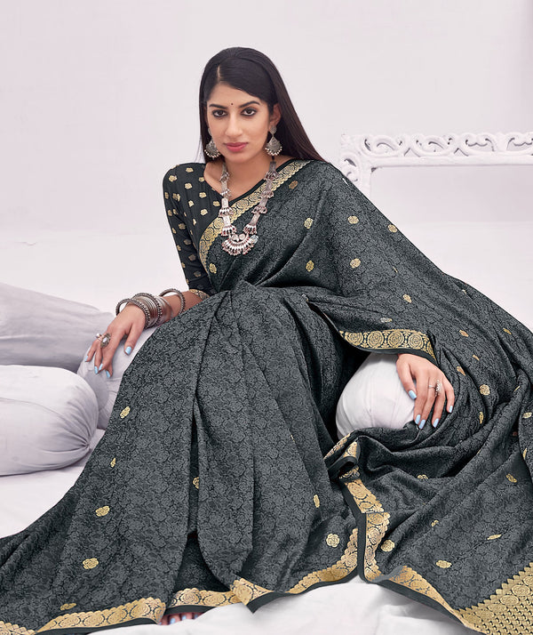 Women's Stunning Grey Color Party Wear Silk Saree - Monjolika