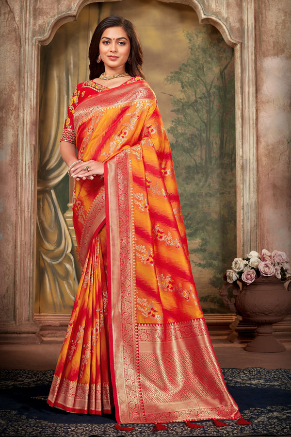 Women's Red and Orange Weaving Zari Work Banarasi Silk Classic Saree - Monjolika