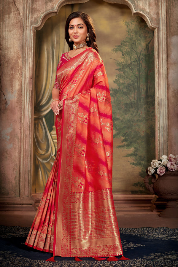 Women's Rani Pink Weaving Zari Work Banarasi Silk Classic Saree - Monjolika