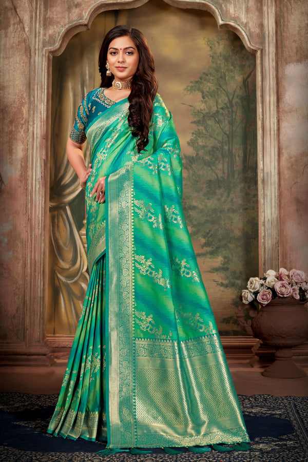 Women's Sea Green Weaving Zari Work Banarasi Silk Classic Saree - Monjolika