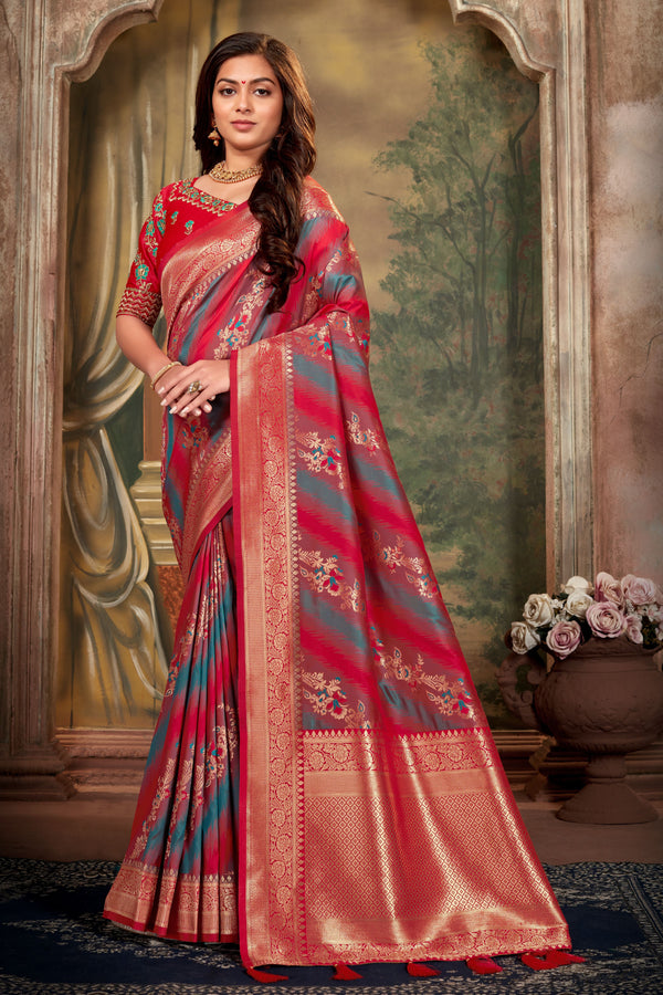 Women's Red Weaving Zari Work Banarasi Silk Classic Saree - Monjolika