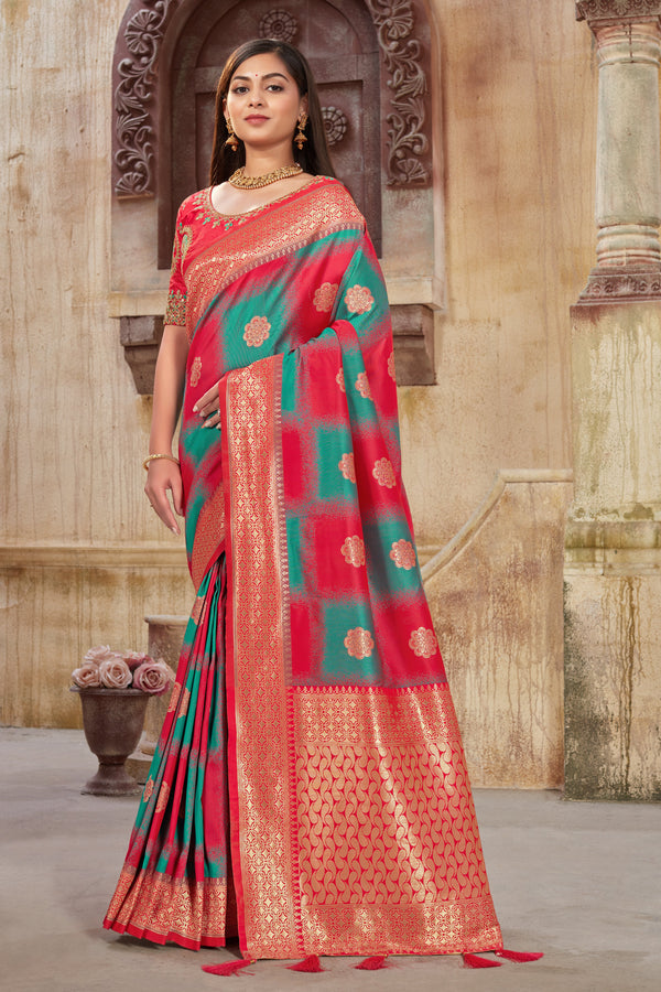 Women's Red Weaving Zari Work Banarasi Silk Classic Saree - Monjolika