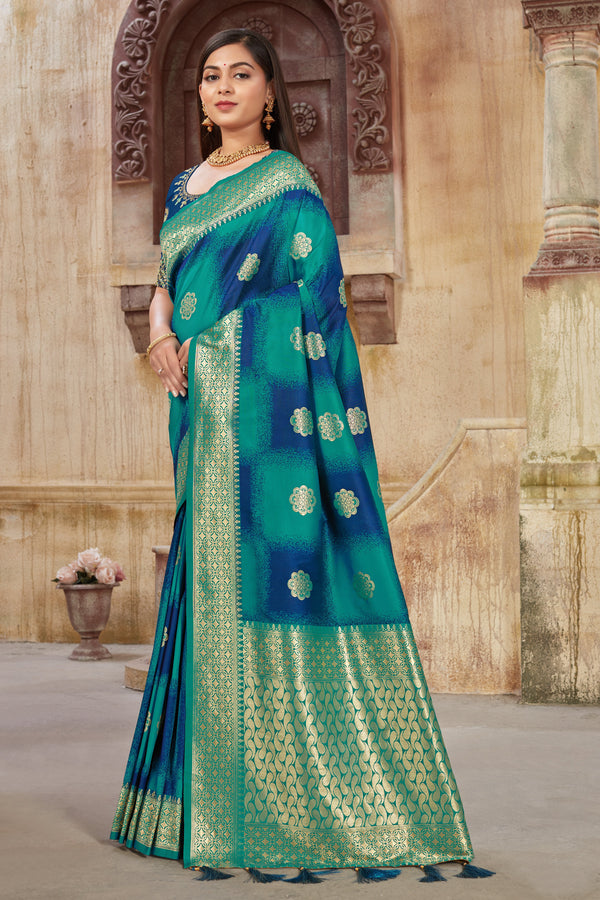 Women's Turquoise Weaving Zari Work Banarasi Silk Classic Saree - Monjolika