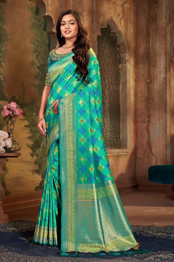 Women's Sea Green Banarasi Silk Classic Saree With Heavy Work Blouse - Monjolika