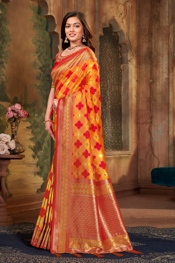 Women's Red and Orange Banarasi Silk Classic Saree With Heavy Work Blouse - Monjolika