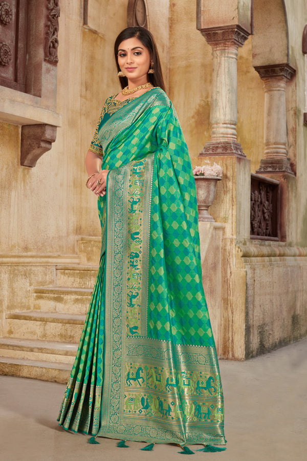 Women's Sea Green Banarasi Silk Classic Saree With Heavy Work Blouse - Monjolika