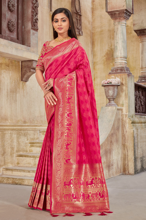 Women's Rani Pink Weaving Zari Work Banarasi Silk Classic Saree - Monjolika