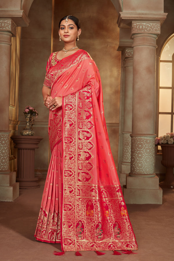 Women's Peach Color Banarasi Silk Woven Tradtional Saree With Heavy work Blouse - Monjolika