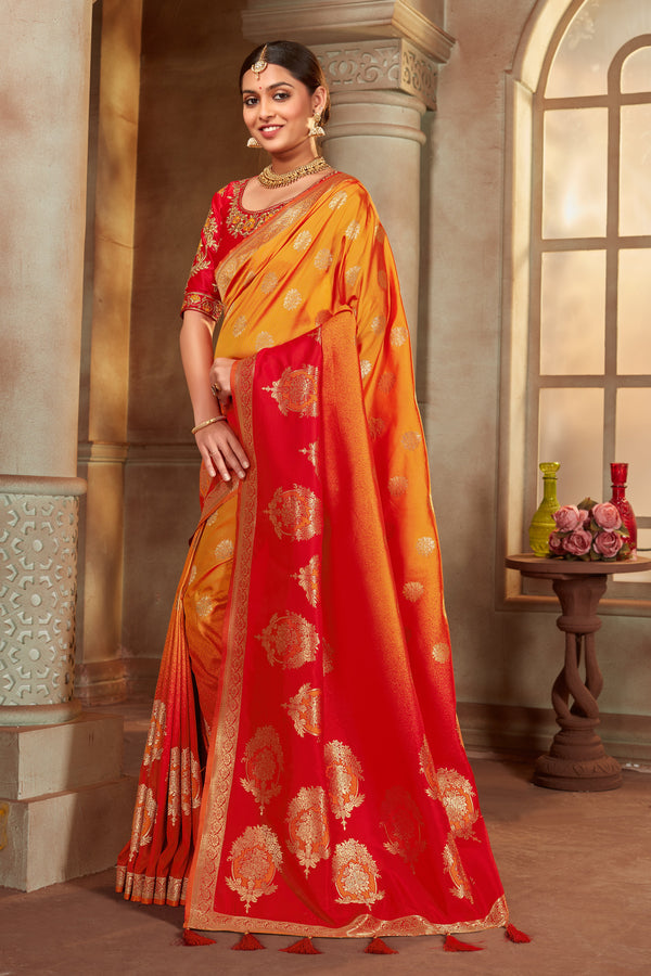 Women's Red and orange Color Banarasi Silk Woven Tradtional Saree With Heavy work Blouse - Monjolika