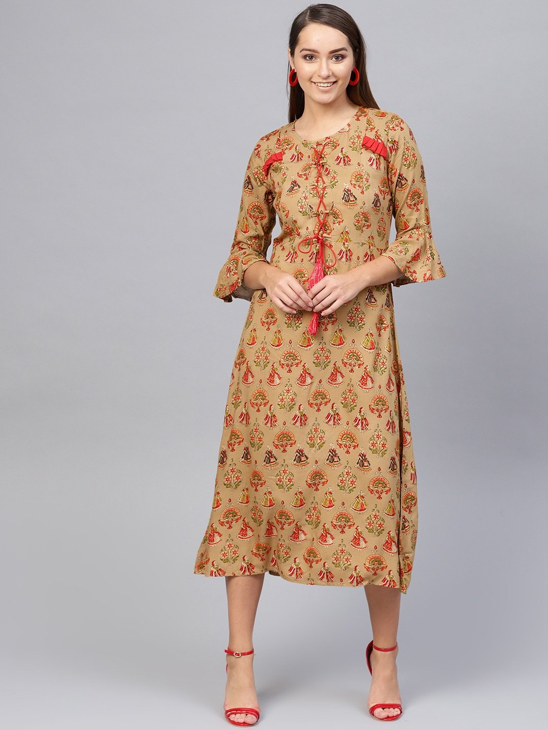 Women's Beige A-Line Kurta - Yufta