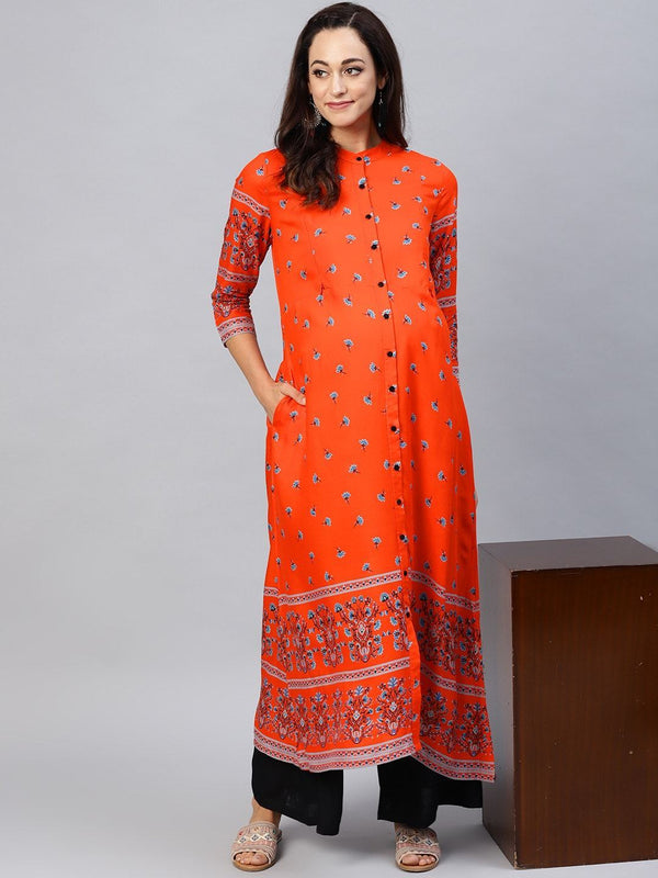 Women's  Orange & Teal Blue Printed A-Line Nursing Kurta - AKS