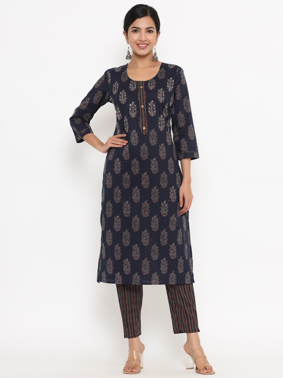 Women's Navy Blue Block Print Kurta With Trousers - Yufta