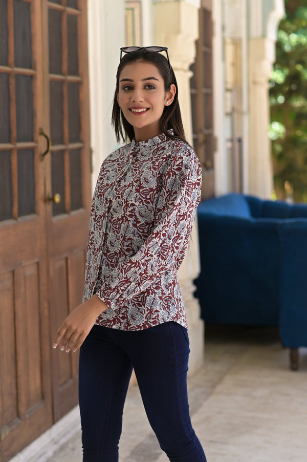 Women's Hand Block Printed Cotton Shirt - Hatheli