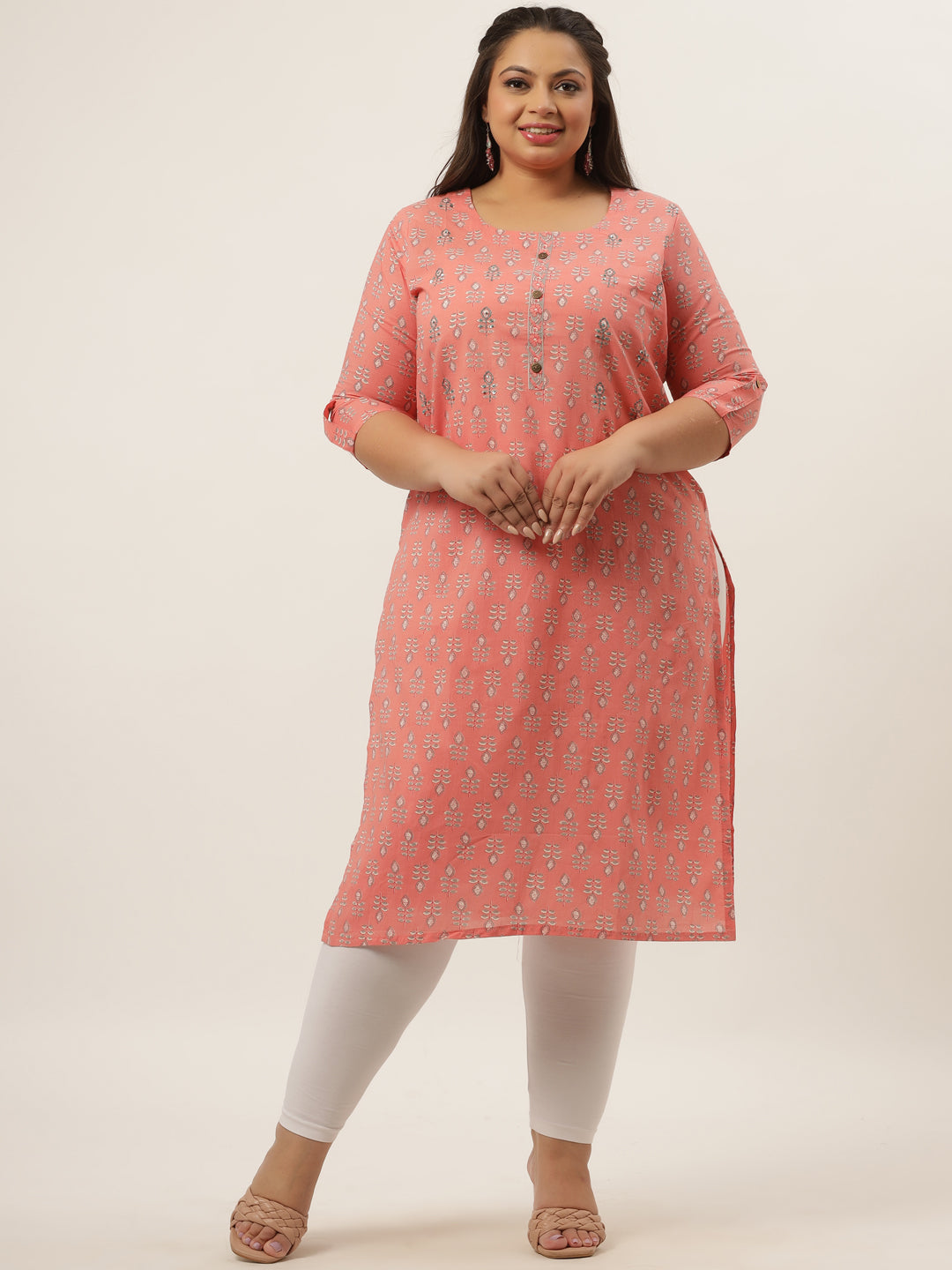 Women's Peach Ethnic Motifs Cotton Straight Kurta - Yufta