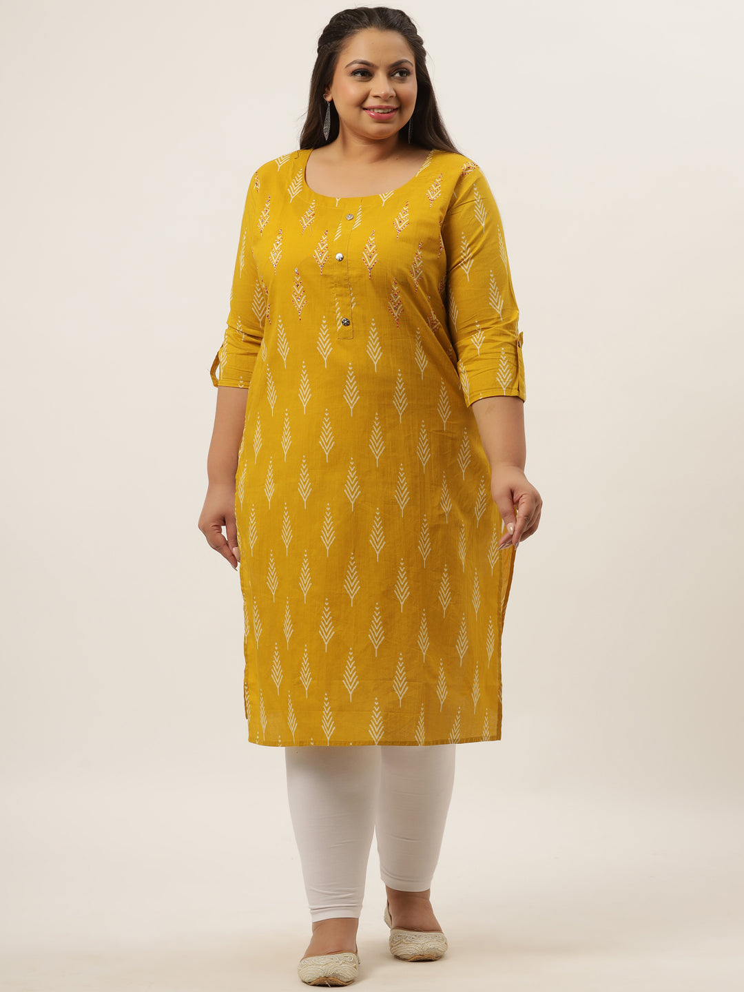 Women's Mustard Ethnic Motifs Cotton Straight Kurta - Yufta