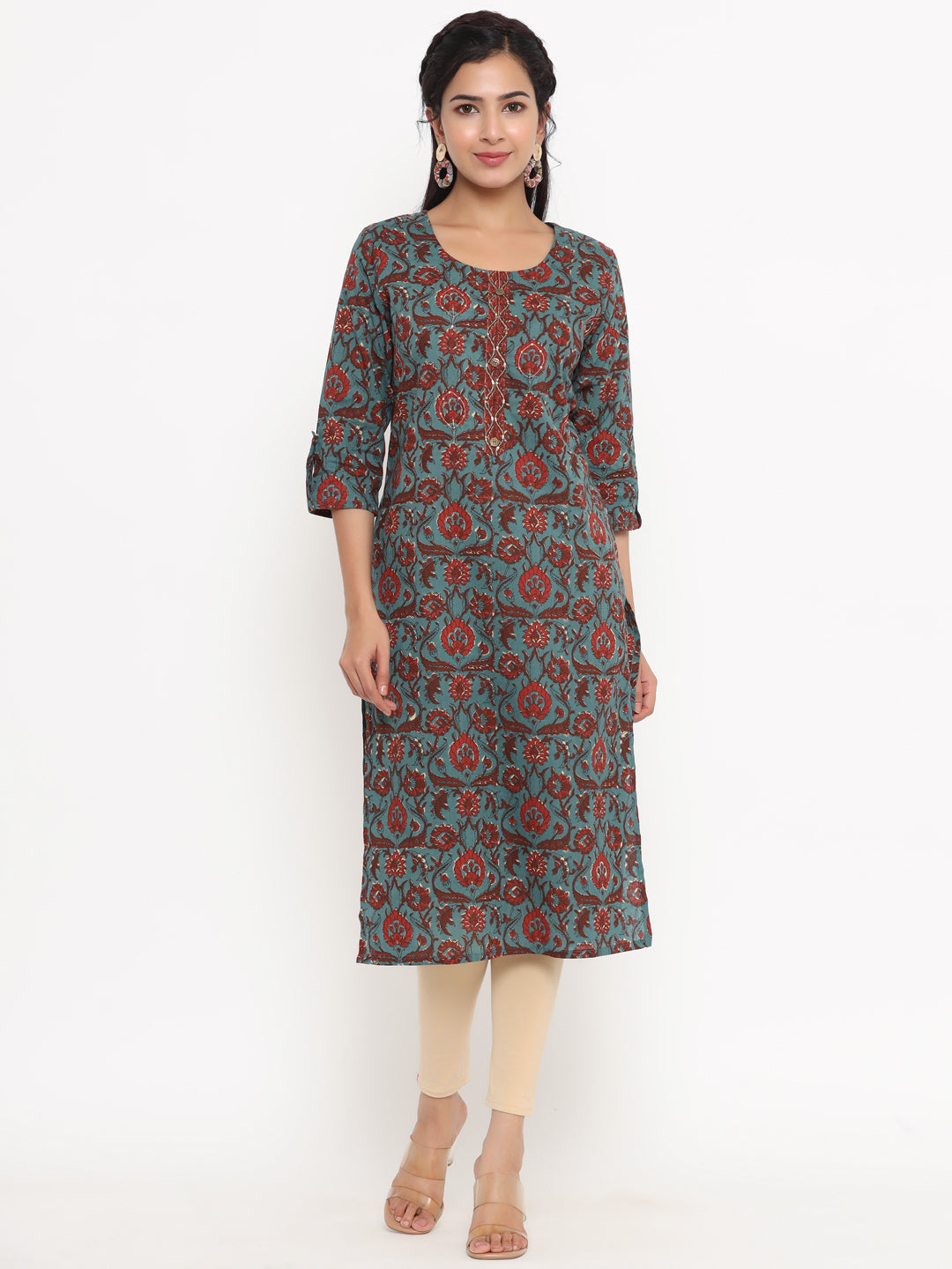 Women's Ocean Blue Floral Print Straight Kurta - Yufta