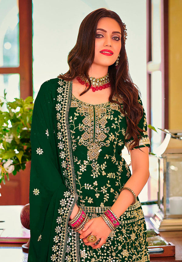 Women's Dark Green color Georgette Embroidered Palazzo suit - Monjolika