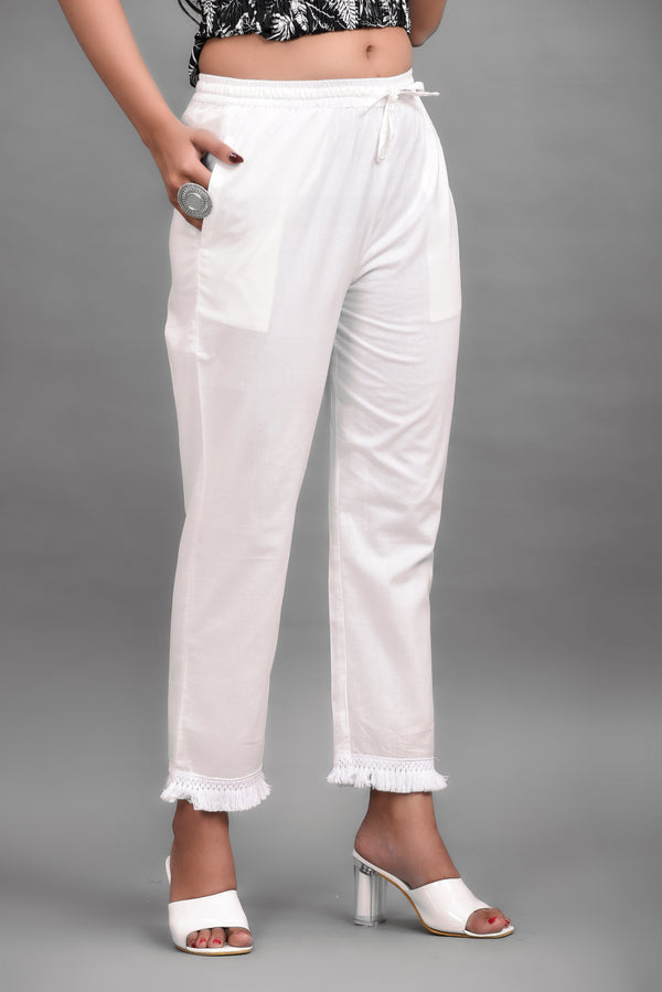 Women's White Cotton Frill Palazzo - Hatheli