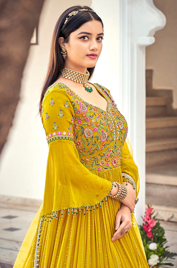 Women's Mustard Embroidered Mehndi Trendy Salwar Kameez - Monjolika