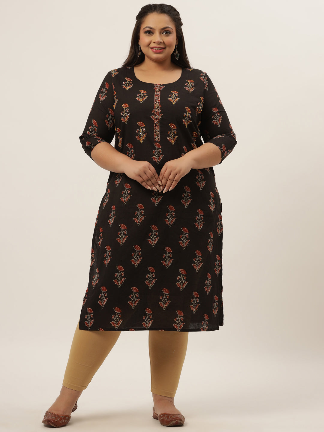 Women's Black Floral Print Straight Kurta - Yufta