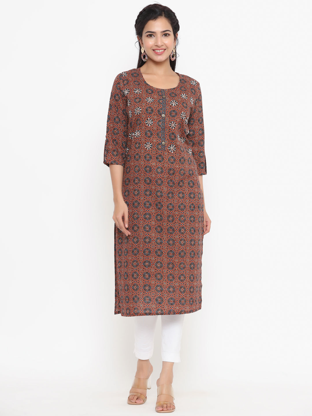 Women's Brown Printed Straight Kurta - Yufta