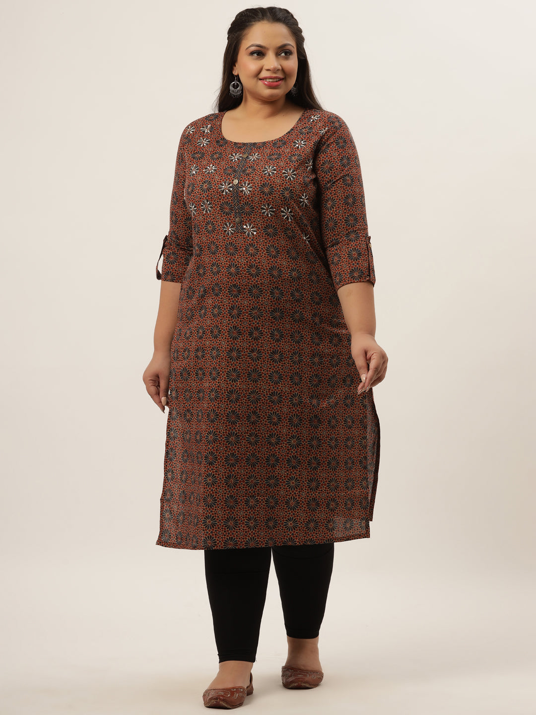 Women's Brown Printed Straight Kurta - Yufta