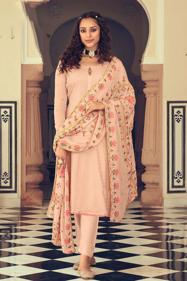 Women's Embroidered Peach Color Georgette Trendy Straight Salwar Kameez - Monjolika