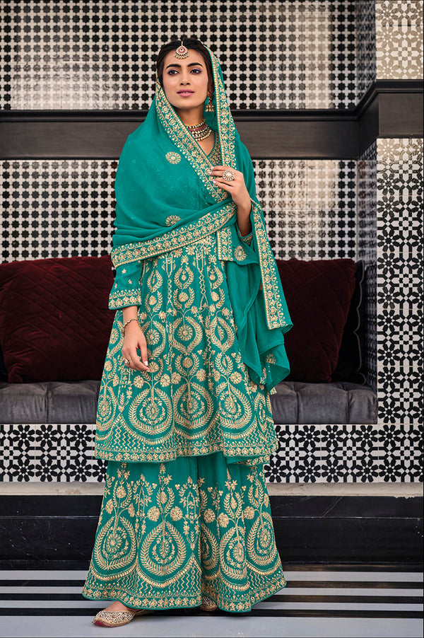 Women's Georgette Palazzo Salwar Kameez in Turquoise - Monjolika