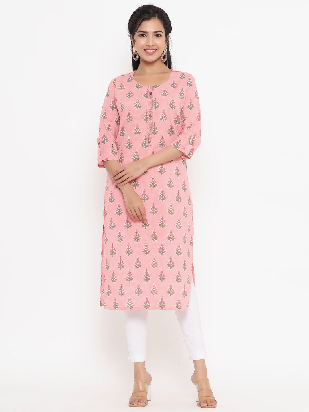 Women's Pink Floral Print Straight Kurta - Yufta