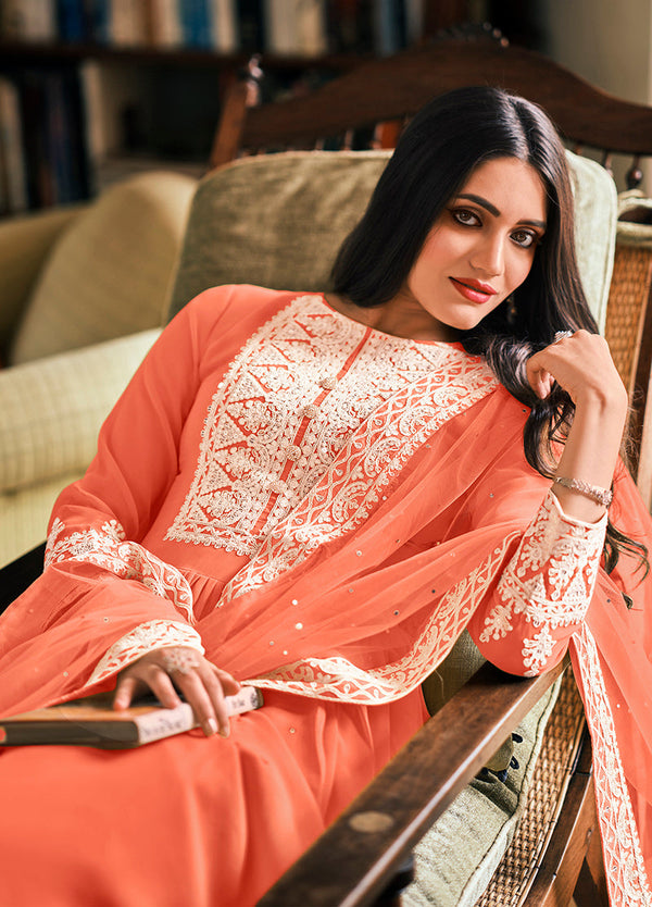 Women's Peach Embroidered Georgette Sharara Salwar Kameez - Monjolika