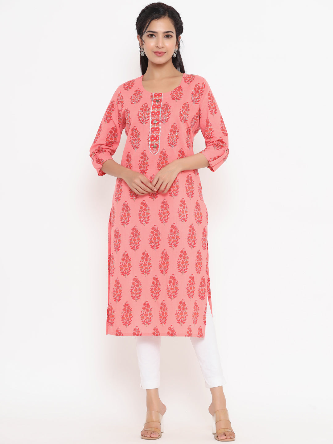 Women's Peach Floral Print Straight Kurta - Yufta